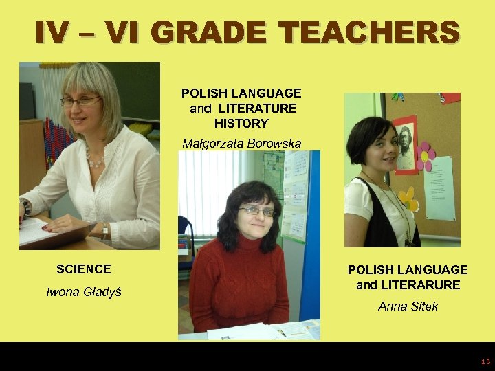 IV – VI GRADE TEACHERS POLISH LANGUAGE and LITERATURE HISTORY Małgorzata Borowska SCIENCE Iwona