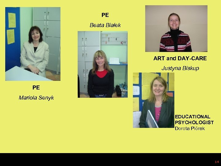 PE Beata Białek ART and DAY-CARE Justyna Biskup PE Mariola Senyk EDUCATIONAL PSYCHOLOGIST Dorota