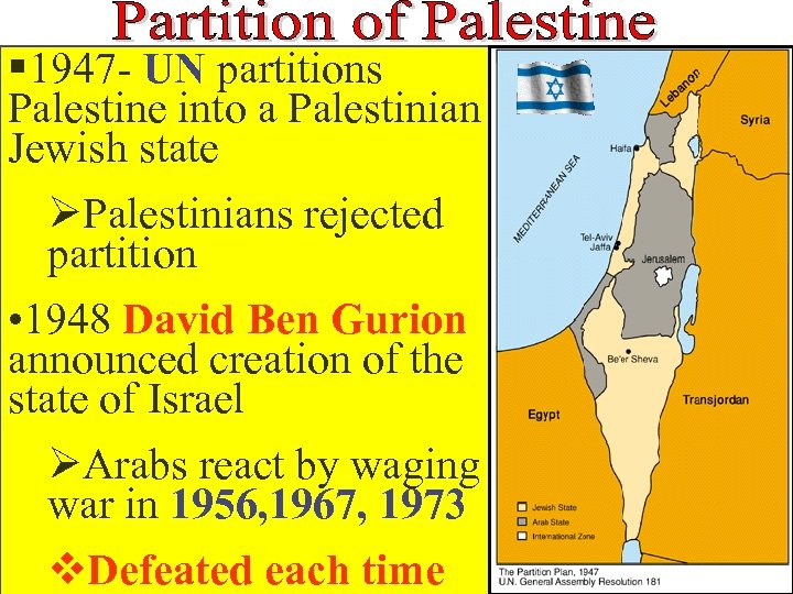 § 1947 - UN partitions Palestine into a Palestinian & Jewish state ØPalestinians rejected