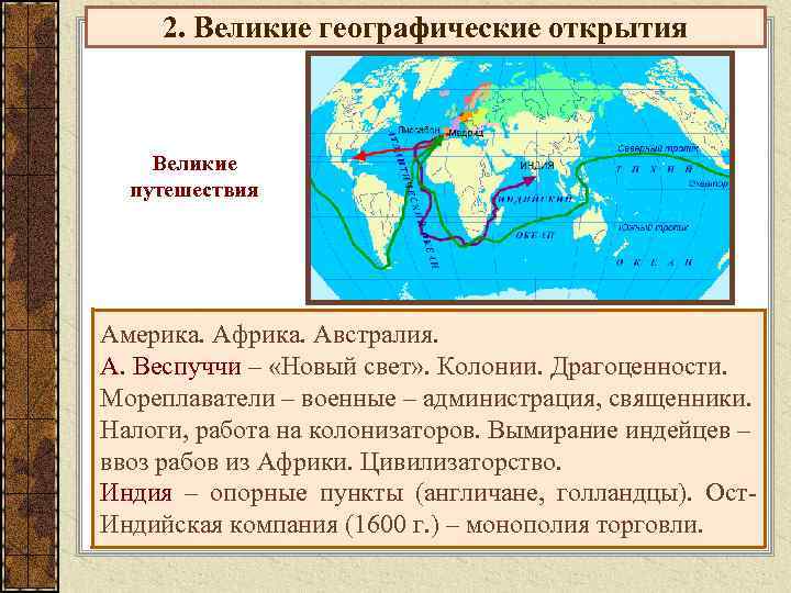 2. Великие географические открытия Великие путешествия Америка. Африка. Австралия. А. Веспуччи – «Новый свет»