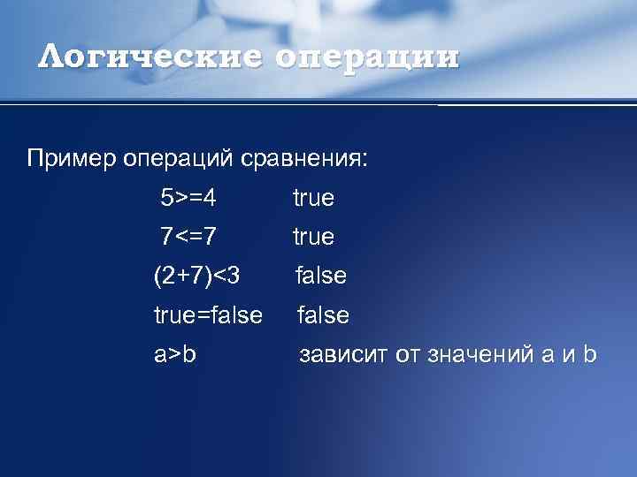 Логические операции Пример операций сравнения: 5>=4 true 7<=7 true (2+7)<3 false true=false a>b зависит