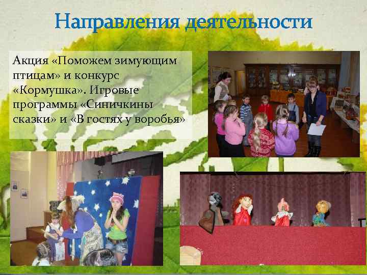 Направления деятельности Акция «Поможем зимующим птицам» и конкурс «Кормушка» . Игровые программы «Синичкины сказки»