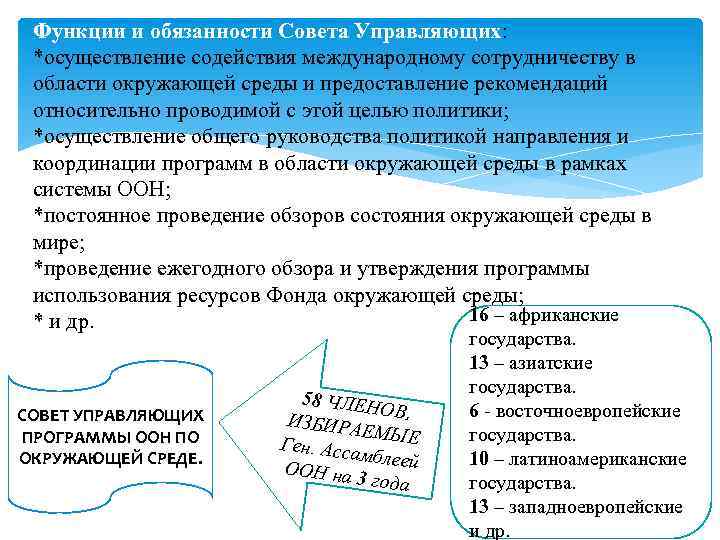 Функции и обязанности Совета Управляющих: *осуществление содействия международному сотрудничеству в области окружающей среды и