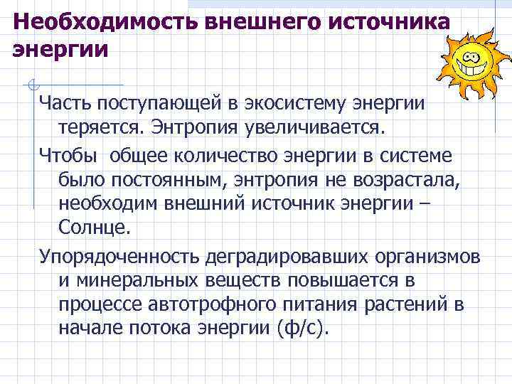 Необходимость внешнего источника энергии Часть поступающей в экосистему энергии теряется. Энтропия увеличивается. Чтобы общее