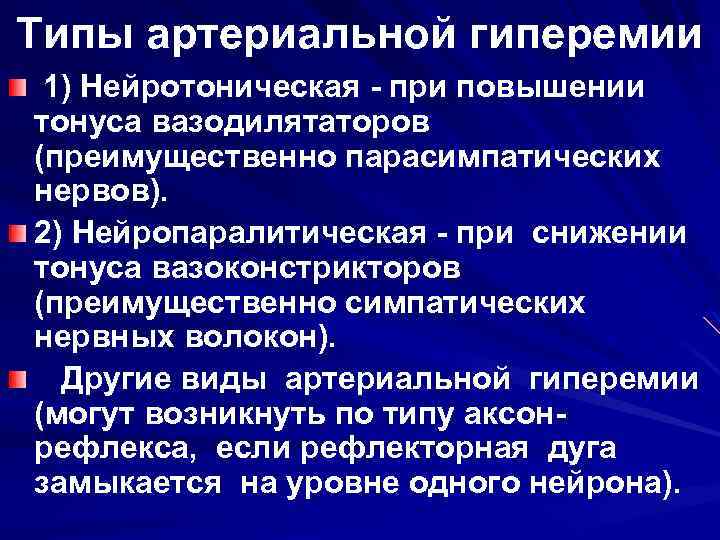 Типы артериальной гиперемии 1) Нейротоническая - при повышении тонуса вазодилятаторов (преимущественно парасимпатических нервов). 2)