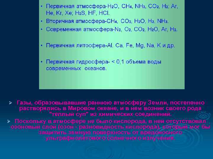 Газы, образовывавшие раннюю атмосферу Земли, постепенно растворялись в Мировом океане, и в нем возник