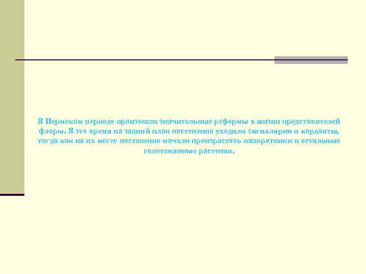В Пермском периоде произошли значительные реформы в жизни представителей флоры. В это время на