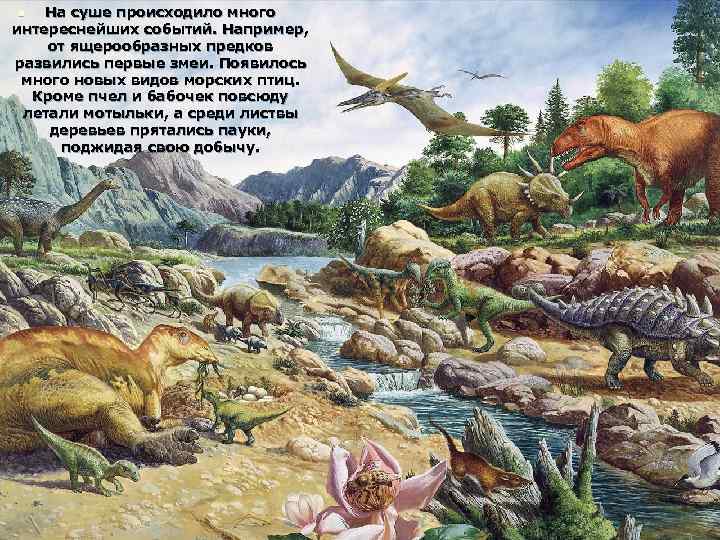 На суше происходило много интереснейших событий. Например, от ящерообразных предков развились первые змеи. Появилось