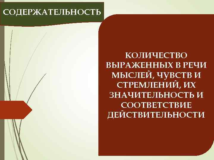 СОДЕРЖАТЕЛЬНОСТЬ КОЛИЧЕСТВО ВЫРАЖЕННЫХ В РЕЧИ МЫСЛЕЙ, ЧУВСТВ И СТРЕМЛЕНИЙ, ИХ ЗНАЧИТЕЛЬНОСТЬ И СООТВЕТСТВИЕ ДЕЙСТВИТЕЛЬНОСТИ