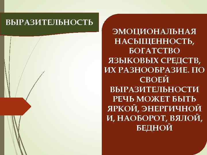 ВЫРАЗИТЕЛЬНОСТЬ ЭМОЦИОНАЛЬНАЯ НАСЫЩЕННОСТЬ, БОГАТСТВО ЯЗЫКОВЫХ СРЕДСТВ, ИХ РАЗНООБРАЗИЕ. ПО СВОЕЙ ВЫРАЗИТЕЛЬНОСТИ РЕЧЬ МОЖЕТ БЫТЬ