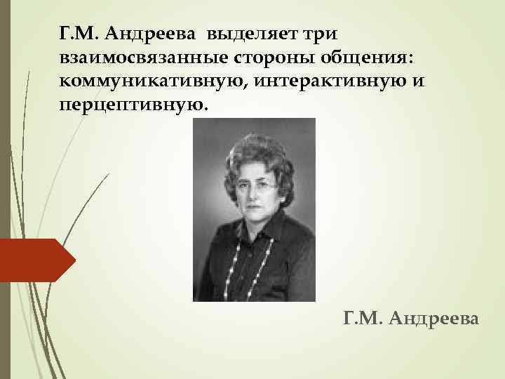 Г. М. Андреева выделяет три взаимосвязанные стороны общения: коммуникативную, интерактивную и перцептивную. Г. М.