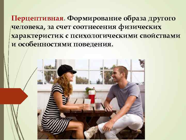 Перцептивная. Формирование образа другого человека, за счет соотнесения физических характеристик с психологическими свойствами и