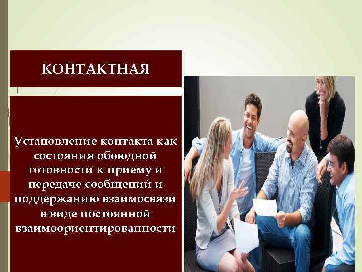 КОНТАКТНАЯ Установление контакта как состояния обоюдной готовности к приему и передаче сообщений и поддержанию