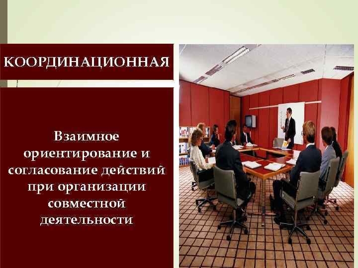 КООРДИНАЦИОННАЯ Взаимное ориентирование и согласование действий при организации совместной деятельности 