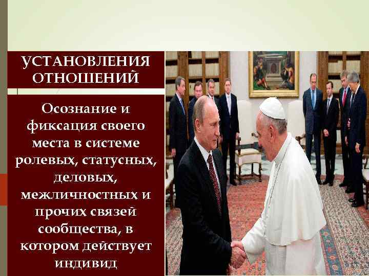 УСТАНОВЛЕНИЯ ОТНОШЕНИЙ Осознание и фиксация своего места в системе ролевых, статусных, деловых, межличностных и