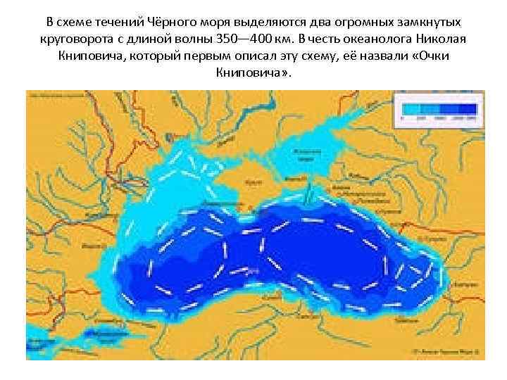 В схеме течений Чёрного моря выделяются два огромных замкнутых круговорота с длиной волны 350—