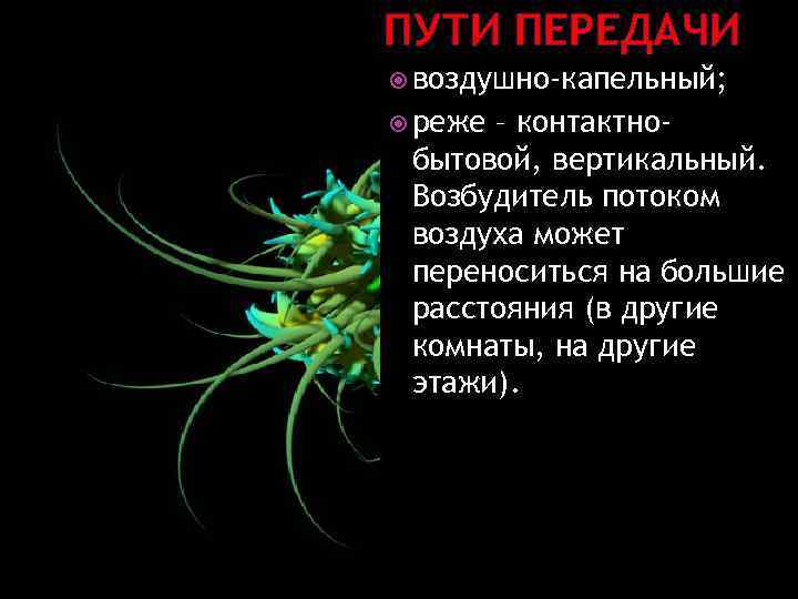 ПУТИ ПЕРЕДАЧИ воздушно-капельный; реже – контактнобытовой, вертикальный. Возбудитель потоком воздуха может переноситься на большие