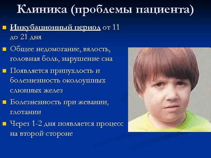 Клиника (проблемы пациента) n n n Инкубационный период от 11 до 21 дня Общее