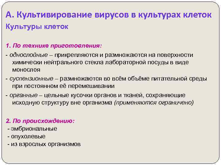 А. Культивирование вирусов в культурах клеток Культуры клеток 1. По технике приготовления: - однослойные
