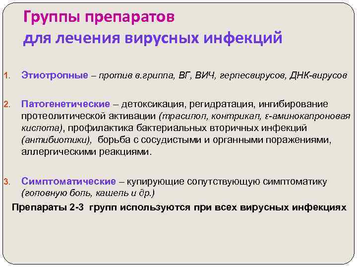 Группы препаратов для лечения вирусных инфекций 1. Этиотропные – против в. гриппа, ВГ, ВИЧ,