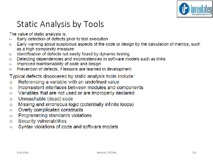 Static Analysis by Tools 3/15/2018 MANUAL TESTING 120 