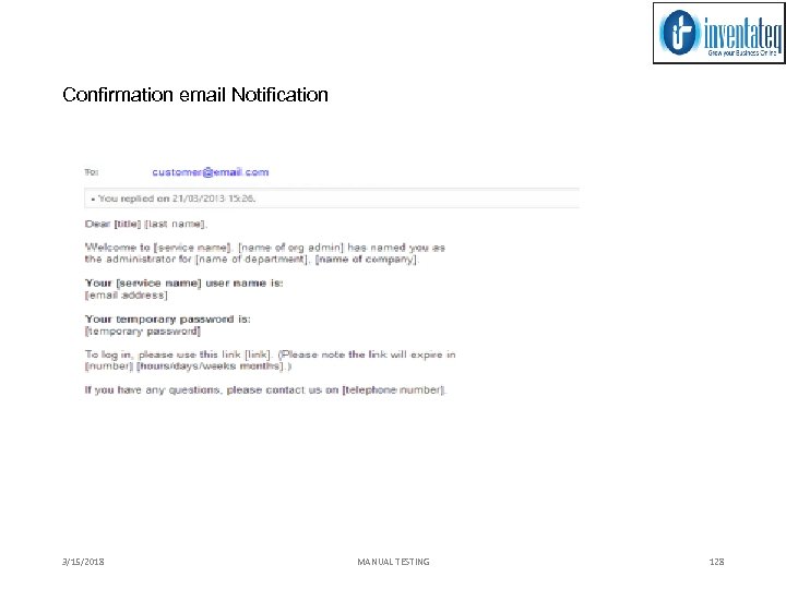 Confirmation email Notification 3/15/2018 MANUAL TESTING 128 