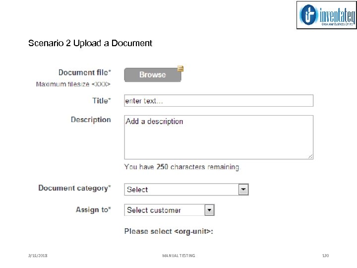 Scenario 2 Upload a Document 3/15/2018 MANUAL TESTING 130 