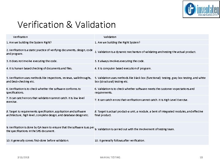 Verification & Validation Verification Validation 1. Are we building the System Right? 1. Are