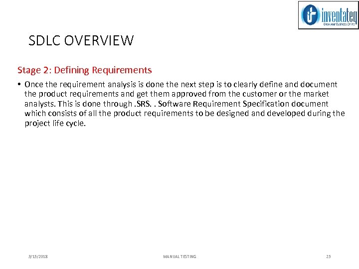 SDLC OVERVIEW Stage 2: Defining Requirements • Once the requirement analysis is done the