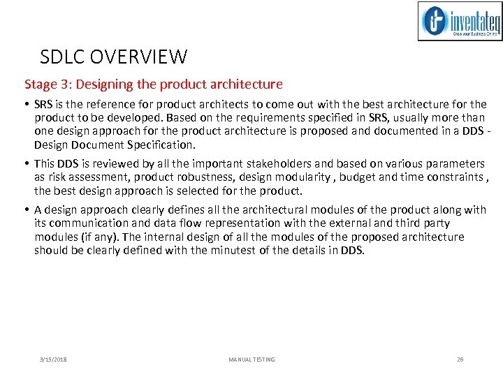 SDLC OVERVIEW Stage 3: Designing the product architecture • SRS is the reference for