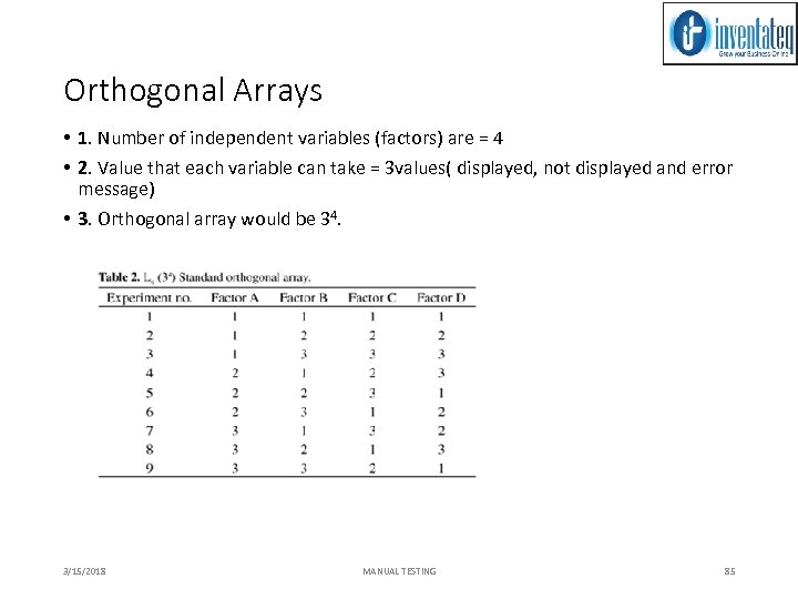 Orthogonal Arrays • 1. Number of independent variables (factors) are = 4 • 2.