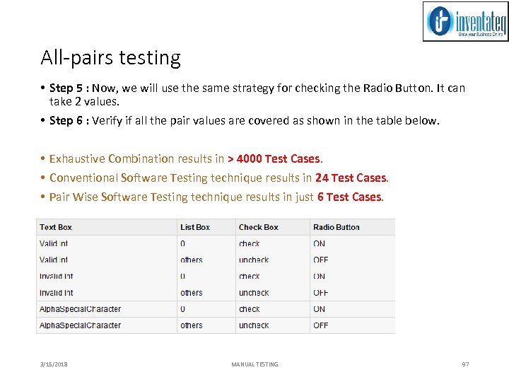 All-pairs testing • Step 5 : Now, we will use the same strategy for