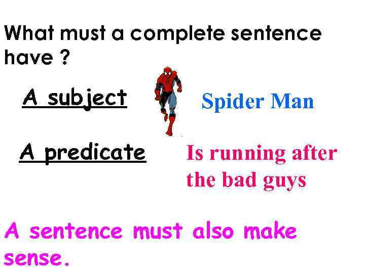What must a complete sentence have ? A subject A predicate Spider Man Is