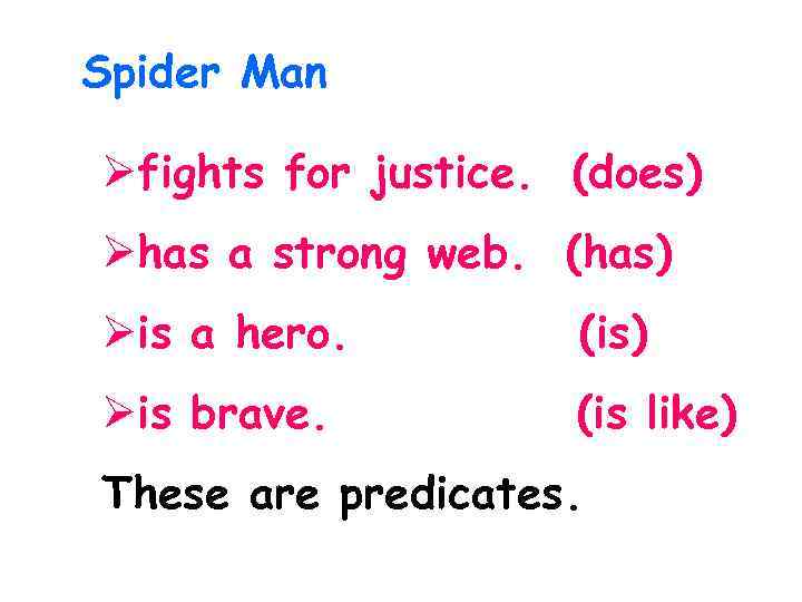 Spider Man Øfights for justice. (does) Øhas a strong web. (has) Øis a hero.
