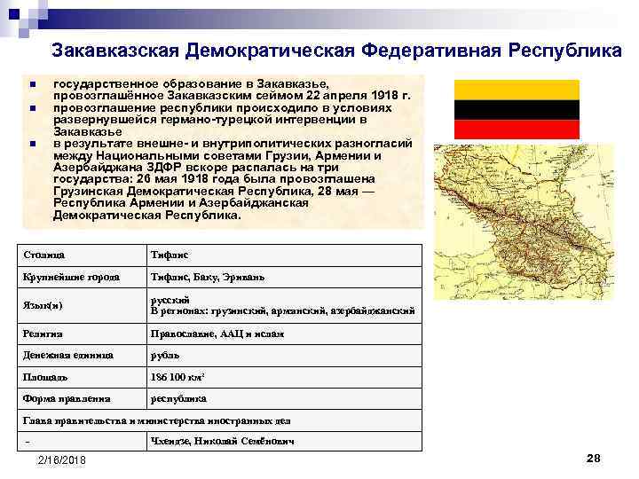 Закавказская Демократическая Федеративная Республика n n n государственное образование в Закавказье, провозглашённое Закавказским сеймом