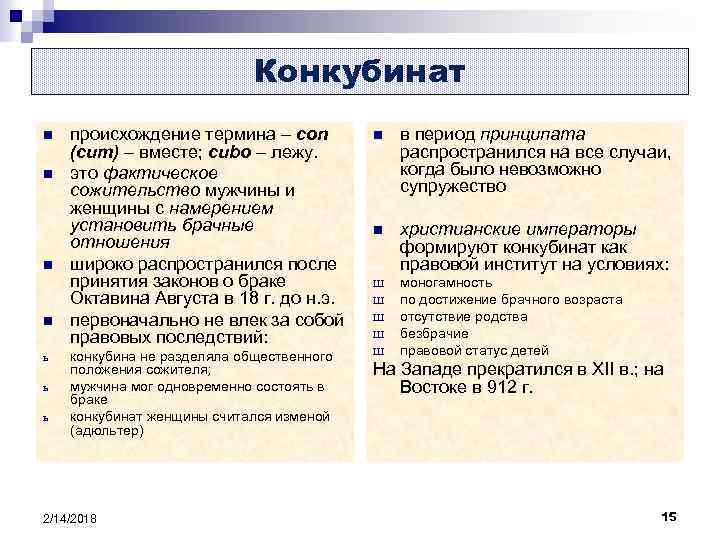 Конкубинат n n ь ь ь происхождение термина – con (cum) – вместе; cubo