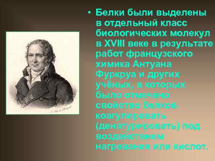  • Белки были выделены в отдельный класс биологических молекул в XVIII веке в