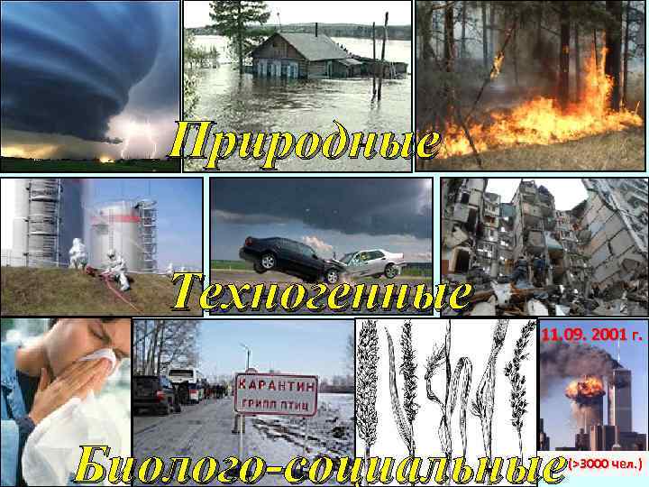 Природные Техногенные 11. 09. 2001 г. Биолого-социальные (>3000 чел. ) 