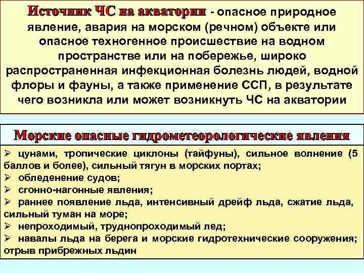 Источник ЧС на акватории - опасное природное явление, авария на морском (речном) объекте или