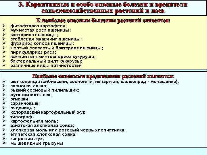 3. Карантинные и особо опасные болезни и вредители сельскохозяйственных растений и леса Ø Ø