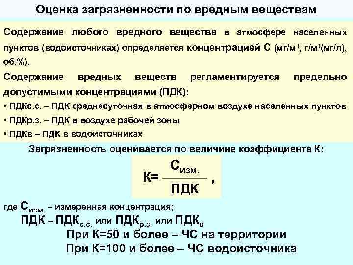 Оценка загрязненности по вредным веществам Содержание любого вредного вещества в атмосфере населенных пунктов (водоисточниках)