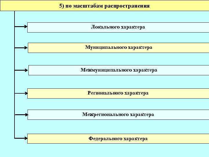 5) по масштабам распространения Локального характера Муниципального характера Межмуниципального характера Регионального характера Межрегионального характера