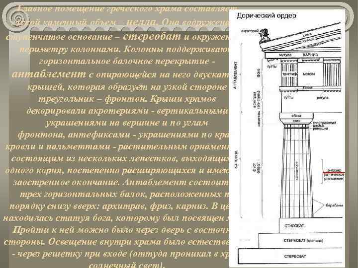 Главное помещение греческого храма составляет глухой каменный объем – целла. Она водружена на ступенчатое