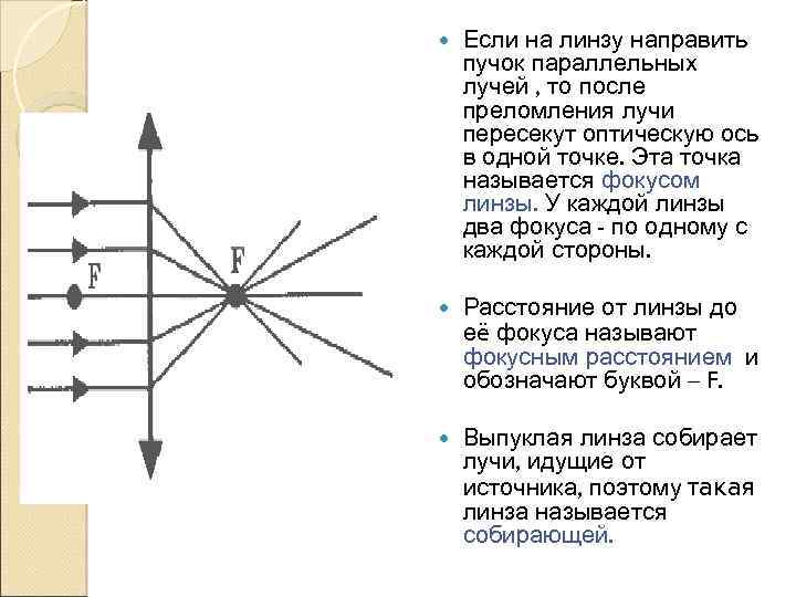  Если на линзу направить пучок параллельных лучей , то после преломления лучи пересекут