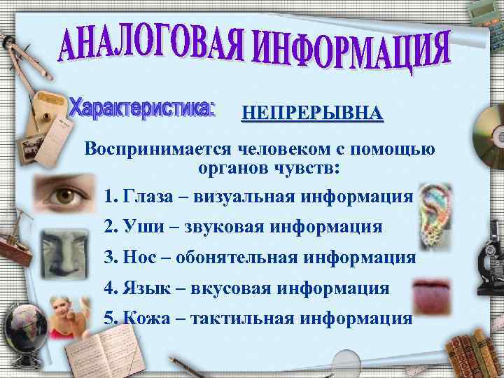 НЕПРЕРЫВНА Воспринимается человеком с помощью органов чувств: 1. Глаза – визуальная информация 2. Уши