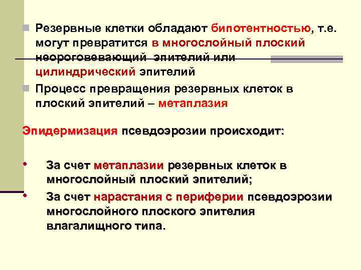 n Резервные клетки обладают бипотентностью, т. е. могут превратится в многослойный плоский неороговевающий эпителий