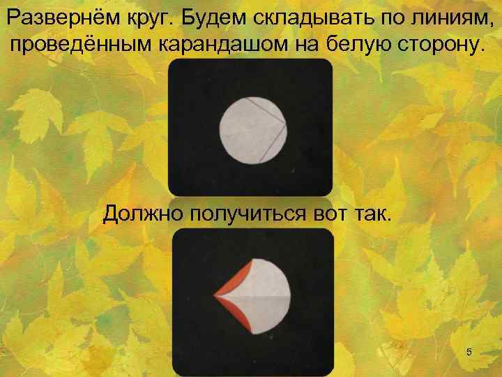 Развернём круг. Будем складывать по линиям, проведённым карандашом на белую сторону. Должно получиться вот