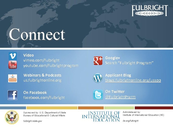 Connect Video vimeo. com/fulbright youtube. com/fulbrightprogram Google+ Search “Fulbright Program” Webinars & Podcasts us.