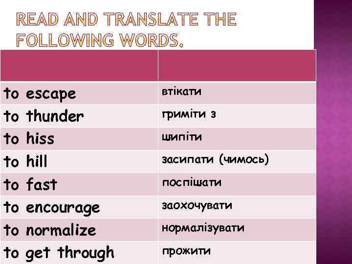 to to escape thunder out hiss hill fast out encourage normalize get through втікати