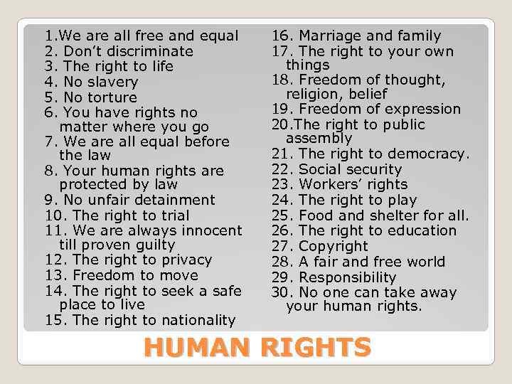 1. We are all free and equal 2. Don’t discriminate 3. The right to